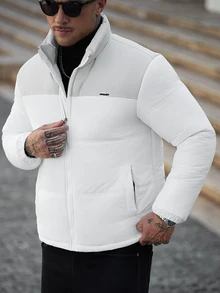 Manfinity Homme Men's Autumn/Winter Colorblock Quilted Padded Coat, Stand Collar Short Zip-Up Padded Coat, Elastic Hem And Cuffs, Suitable For Daily Outdoor Wear - Multicolor - View 5