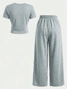 SHEIN Serisse Kids 青少年女孩針織春夏新款時尚休閒簡約棕色T恤配繫帶寬鬆長褲2件套，日常百搭度假款 - 灰色 - 查看 3