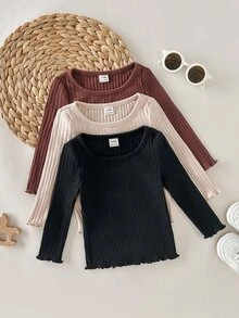 SHEIN 女嬰針織純色圓領休閒T恤上衣3件套，隨機3件，僅上衣 - 藕粉色 - 查看 1