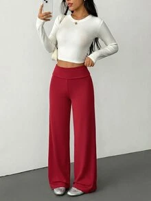 SHEIN PETITE 女款素色休閒百搭日常穿著長褲 - 酒紅色 - 查看 5