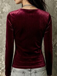 Omancia Women's Elegant Standard Size Autumn/Winter Overlap V-Neck Pleated Long Sleeve T-Shirt - Apricot - View 2