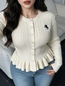 Modelyn كارديجان نسائي بمقاسات كبيرة بتصميم فروسية مطرزة وحياكة كابل أحادية الصدر مع حافة مكشكشة - لون مشمشي - مشاهدة 6