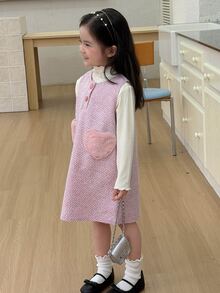 DAZY Young Girl Tweed Heart Button Dress - Pink - View 4