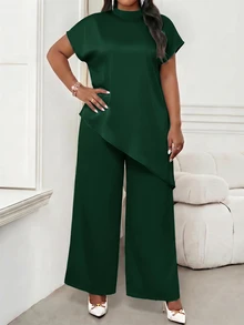SHEIN Lady 大尺碼女款純色立領休閒優雅百搭上衣，適合日常穿著、正式場合、早午餐、深綠色夏季辦公室派對 - 墨綠色 - 查看 4