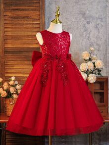SHEIN Glamorique Kids 女童薄紗亮片刺繡洋裝，生日派對 7 歲生日、婚禮、花童、公主風嬰兒紅色秋季婚禮禮服 - 酒紅色 - 查看 3