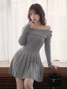 FRIFUL Women's Solid Color Asymmetrical Shoulder Casual Daily Knit Dress - Grey - View 5