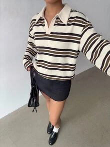 Aloruh 女款秋冬條紋 Polo 衫，復古 Y2K 風格休閒上衣，春季長袖秋季上衣 - 杏色 - 查看 3