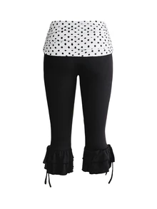 Sweetness Vintage Y2K Style Vacation Retro Polka Dot Patchwork Ruched Slim Fit Women's Capris - Black and White - View 2