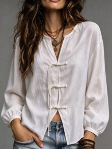 SHEIN قميص نسائي بلون موحد بأكمام طويلة وأكتاف منسدلة مع أزرار على شكل ضفدع - أبيض - مشاهدة 4