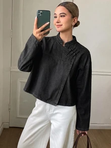 DAZY Women's Autumn Stand Collar Frog Button Long Sleeve Loose Solid Color Denim Fabric Dark Blue Contrast Stitching Chinese Style Denim Short Jacket - Black - View 5