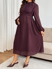 SHEIN Maternity Solid Color Pleated Casual Party & Travel Dress - Burgundy - View 4