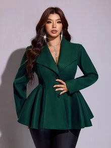 Viva Relle 大尺碼女款秋冬翻領單排扣收腰荷葉邊下擺短款羊毛西裝外套，通勤優雅顯瘦西裝外套 - 綠色 - 查看 1