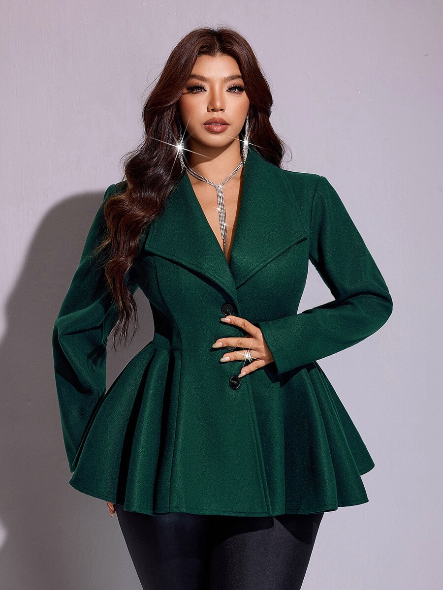 Viva Relle 大尺碼女款秋冬翻領單排扣收腰荷葉邊下擺短款羊毛西裝外套,通勤優雅顯瘦西裝外套 - 綠色 - 查看 1