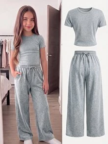 SHEIN Serisse Kids 青少年女孩針織春夏新款時尚休閒簡約棕色T恤配繫帶寬鬆長褲2件套，日常百搭度假款 - 灰色 - 查看 1