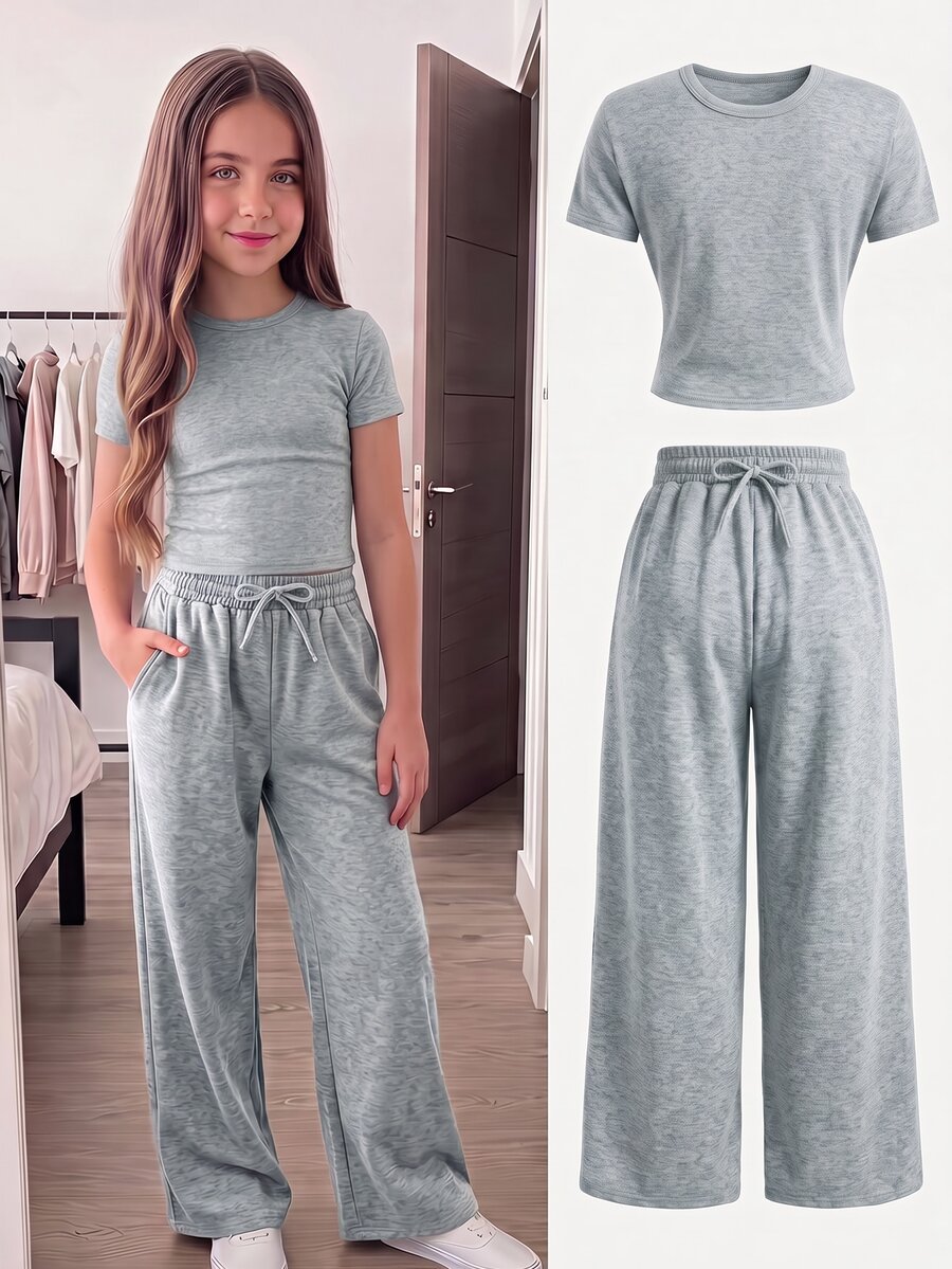 SHEIN Serisse Kids 青少年女孩針織春夏新款時尚休閒簡約棕色T恤配繫帶寬鬆長褲2件套,日常百搭度假款 - 灰色 - 查看 1
