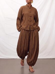Zivah New Elegant Women's New Chinese Style Brown Textured Jacquard Fabric With Frog Button Design Long Sleeve Jacket And Unique Lantern Pants 2 Pieces Set, Suitable For Multiple Occasions - Brown - View 3