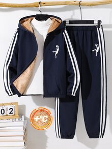 SHEIN 買1送1兒童青少年男孩休閒運動保暖內裡加厚連帽外套與慢跑褲套裝，適合秋冬、學校、家庭聚會、度假、派對，秋季穿搭，冬季穿搭 - 藏蓝色 - 查看 2