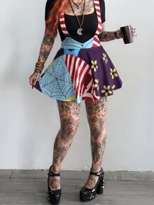 Whyspr 大尺碼女款 Grunge Punk 哥德風休閒細肩帶印花 A 字洋裝，復古 Y2K 風格，黑色與奶油黃，適合夏季萬聖節派對 - 彩色 - 查看 4