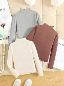 3pcs Tween Girls' Casual All-Match Solid Color Ribbed Lettuce Trim Mock Neck T-Shirts - Multicolor - View 1