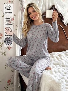 SHEIN Women Grey Moon & Star Print Crew Neck Long Sleeve Soft Ribbed Top And Matching Straight Leg Pants Casual Relaxed Fit 2-Piece Pajama Set - Light Grey - View 1
