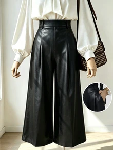 SHEIN Elenzya New Knitted Elastic Leather High Waist Back Elastic Waist Slanted Pocket Wide Leg Design Versatile Fashion Daily Commute Women's Long Pants - Black - View 1