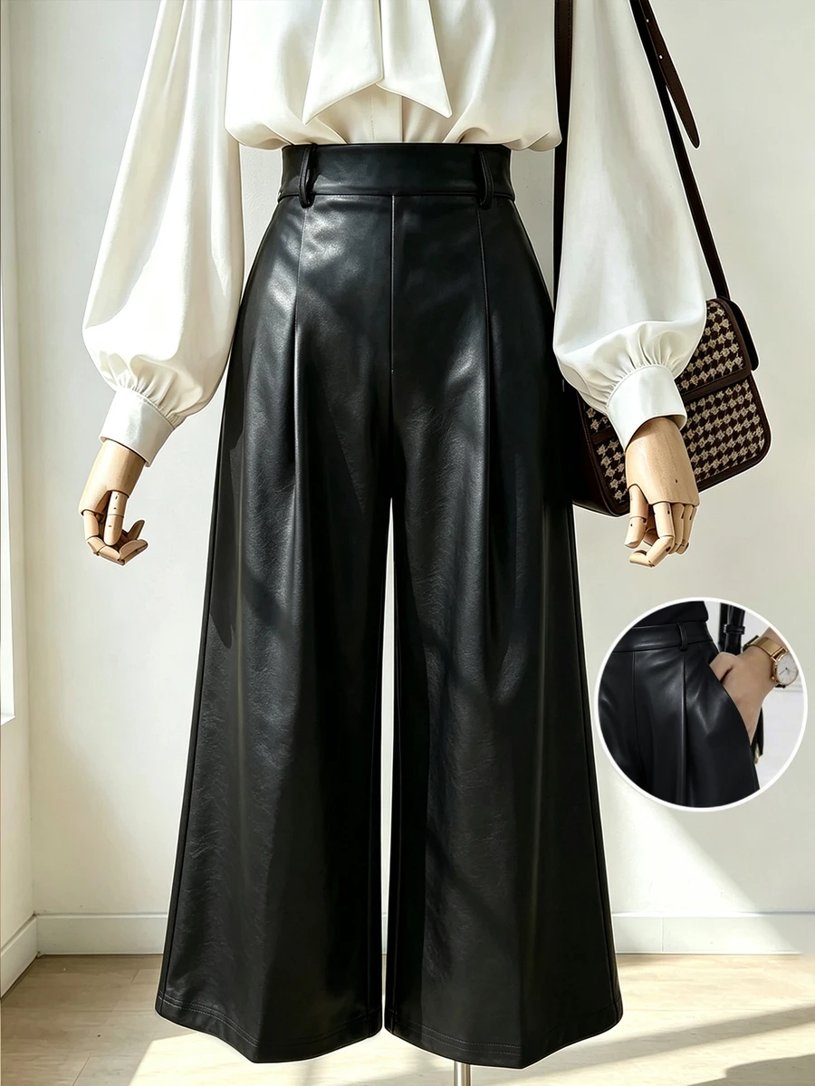 SHEIN Elenzya New Knitted Elastic Leather High Waist Back Elastic Waist Slanted Pocket Wide Leg Design Versatile Fashion Daily Commute Women's Long Pants - Black - View 1