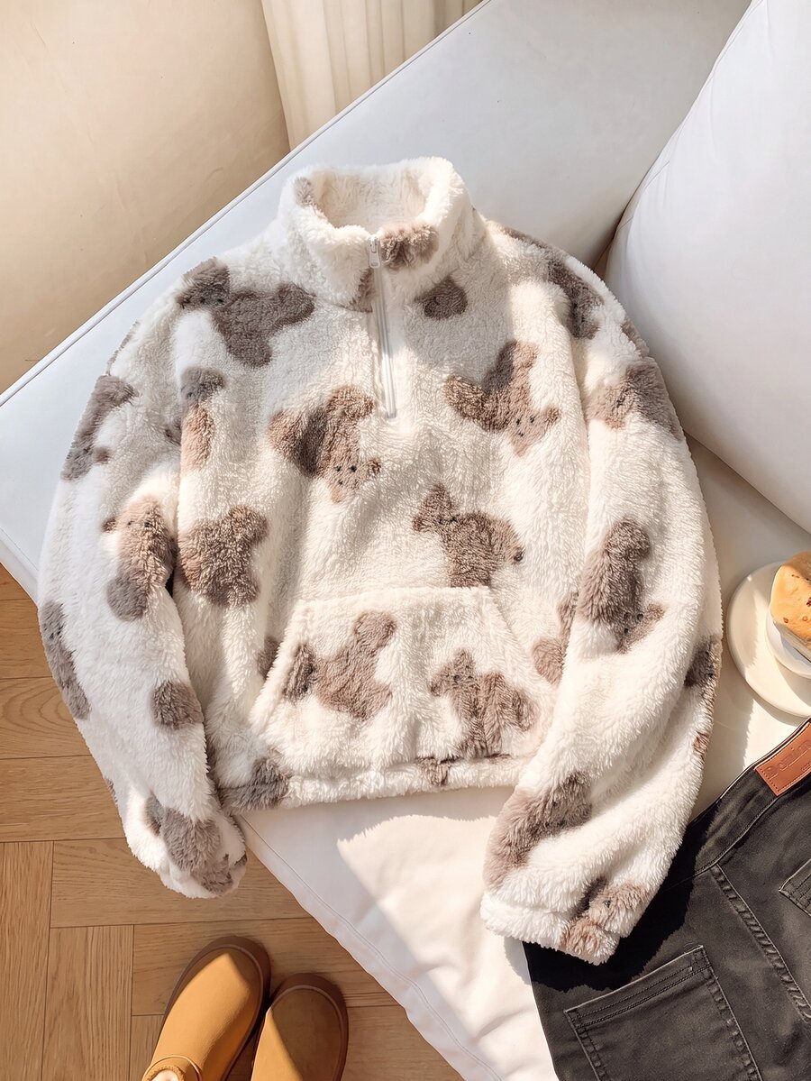 SHEIN Tween Girl Tween Girl Knitted Cartoon Bear Plush Stand Collar Half-Zip Patchwork Loose Casual Long Sleeve Autumn Winter Sweatshirt Tween Girl Kids - White - View 1