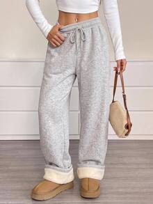 SHEIN EZwear 秋季新款女款加厚抓絨內裡純色抽繩休閒運動長褲，極簡時尚，適合日常穿著、登山、居家，淺灰色 - 灰色 - 查看 4