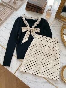 Muvela Women's Colorblock Polka Dot Bow Decor Long Sleeve Top And Skirt Elegant Set - Black and White - View 5