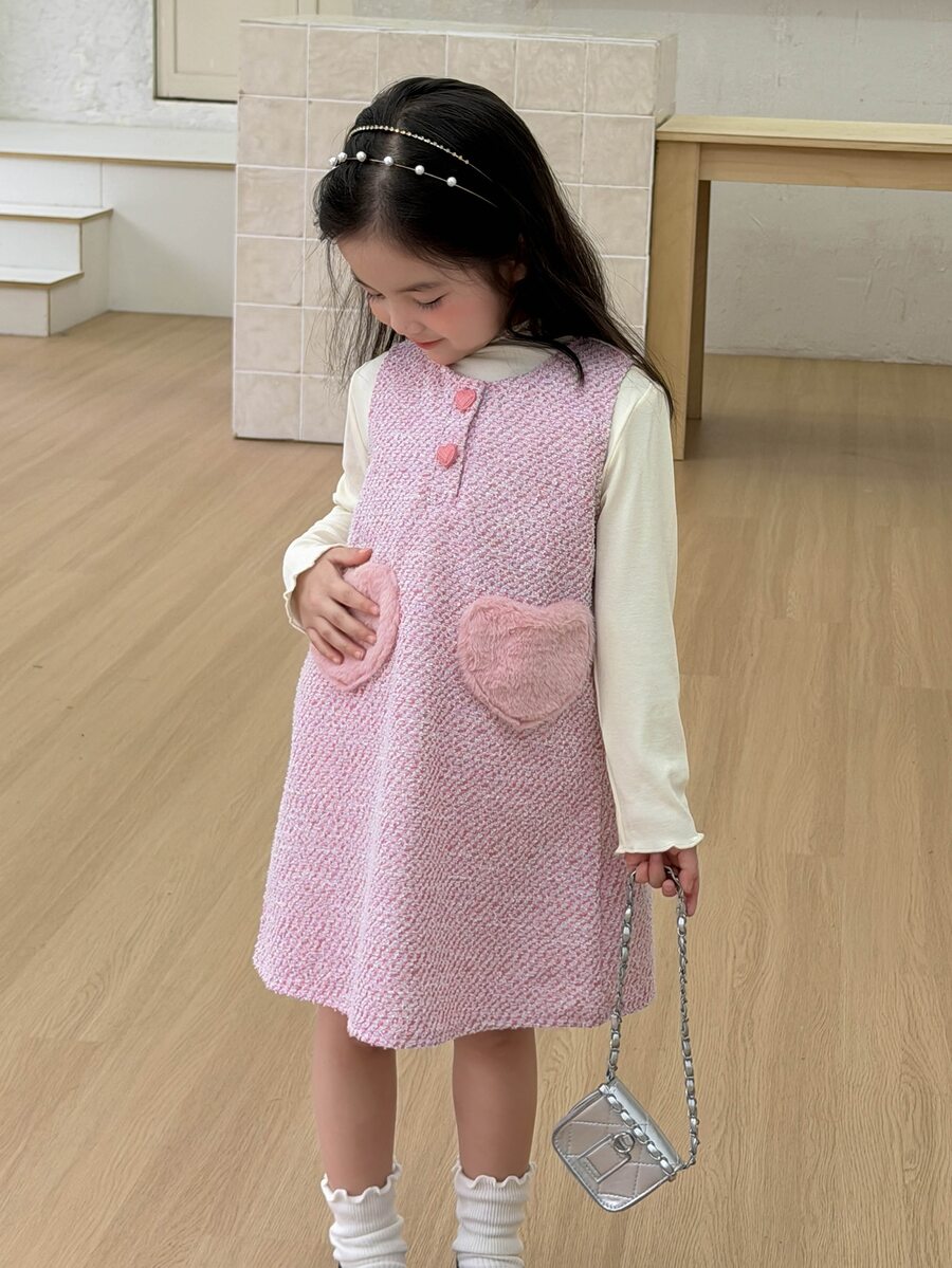 DAZY Young Girl Tweed Heart Button Dress - Pink - View 1