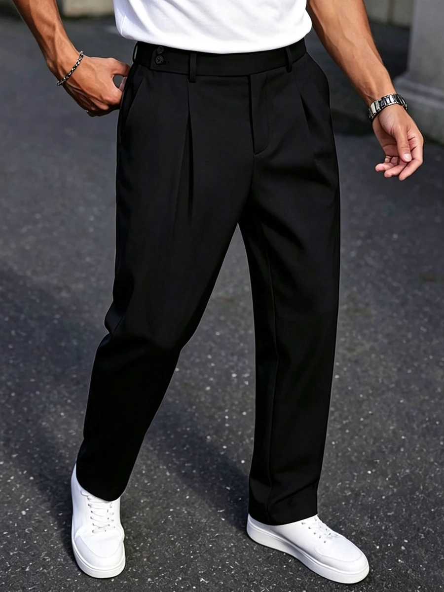 Manfinity Homme 男士黑色時尚雙褶背腰鬆緊休閒百搭商務大尺碼通勤西裝長褲 - 黑色 - 查看 1
