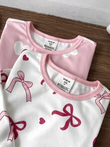 SHEIN 女童超可愛粉色蝴蝶結愛心印花修身居家服長袖褲子多件套，聖誕睡衣，彈性貼身款 - 粉色 - 查看 5