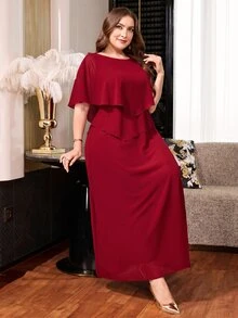 Reflora Plus Size Elegant Solid Color Party Dress - Red - View 5
