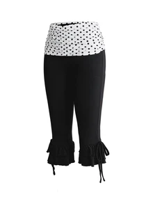 Sweetness Vintage Y2K Style Vacation Retro Polka Dot Patchwork Ruched Slim Fit Women's Capris - Black and White - View 3