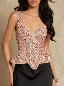 SHEIN Glamour Tank Top Fashion Wanita Warna Polos dengan Payet dan Garis Leher Bentuk Hati - Khaki - View 1
