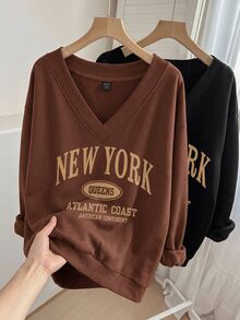 SHEIN LUNE 2PCS Plus Size Sweatshirts Hoodies Autumn Office Formal Date Night Brown Black Brown Letter Print Soft Form Modest Casual Soft Form Racing Western - Multicolor - View 5