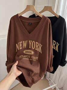SHEIN LUNE 2PCS Plus Size Sweatshirts Hoodies Autumn Office Formal Date Night Brown Black Brown Letter Print Soft Form Modest Casual Soft Form Racing Western - Multicolor - View 8