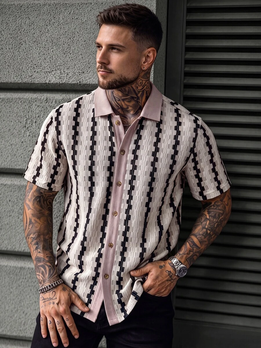 Manfinity CasualCool Men's Contrast Color Front Button Short Sleeve Pink And White Striped Shirt Vacation Summer Casual Tropical - Pink - View 1