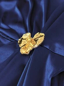 Maweii Đầm nữ satin dài nhún bèo cổ tròn đính nút trang trí phong cách tối giản thanh lịch, thời trang công sở, dự tiệc tối trang trọng cho mùa thu và năm mới - Màu xanh hải quân - Xem 6