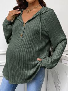 SHEIN 孕婦鈕扣半開襟抽繩運動衫，羅紋細節與插肩袖設計，適合冬季世界盃 - 橄欖綠 - 查看 4