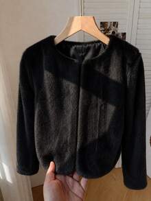 SHEIN Teen Girl Minimalist Faux Fur Jacket, Suitable For Party And Outdoor Wear, Autumn/Winter - Black - View 3