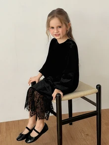 DAZY Young Girl) Velvet Long Sleeve Casual Round Neck Contrast Lace Design Dress - Black - View 7