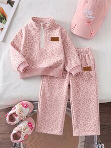 Girls' 2 Pieces Casual Fashion Spring/Autumn/Winter Set, Stand Collar Sweatshirt With Wide Leg Sweatpants, Sweet & Cool Leopard Print, Soft Fabric - Multicolor - View 1