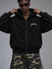 Men's Letter Print Zip-Up Hoodie - Black - View 3
