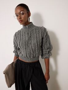 MERLEAU Women's Modern Dark Olive Green Frayed Knit Cardigan - Army Green - View 3