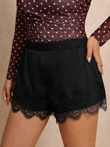 Elaquor Plus Size Women's Lace Patchwork Casual Glamorous Sexy Elegant Daily Shorts Going Out Night Evening Black Shorts Women Casual Thanksgiving Short Women - Black - View 3