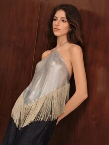 Anewsta Women's Solid Color Tassel Hem Fashion Halter Top - Silver - View 5