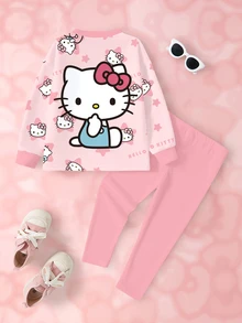 HELLO KITTY AND FRIENDS | SHEIN طقم ملابس كاجوال يومي للبنات الصغيرات، بلوزة رياضية بأكمام طويلة وبنطال رياضي بطبعة كرتونية - أبيض - مشاهدة 2