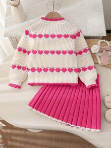 SHEIN Playful Pals 少女套裝 針織圓領長袖愛心圖案毛衣與百褶裙套裝 粉色與白色 - 玫紅色 - 查看 2