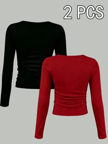 Teen Girls Fall Waist Strap Graphic Fitted Long Sleeve T-Shirt 2 Pcs, Casual Autumn Fall Tops - Multicolor - View 2